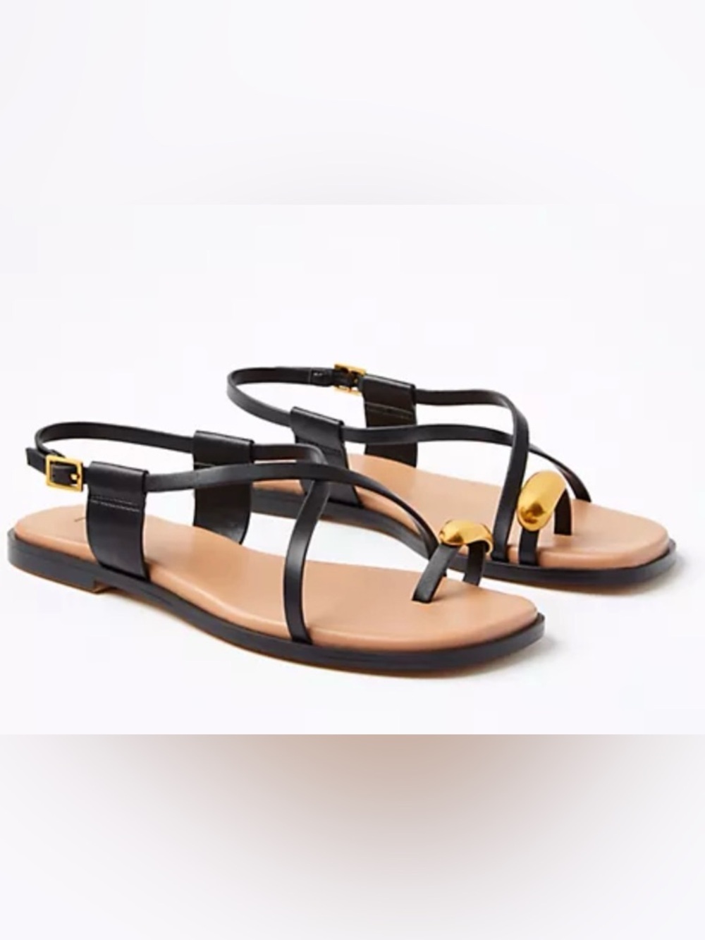 LOFT Black Strappy Sandals with Gold Accent and Nude Footbed
